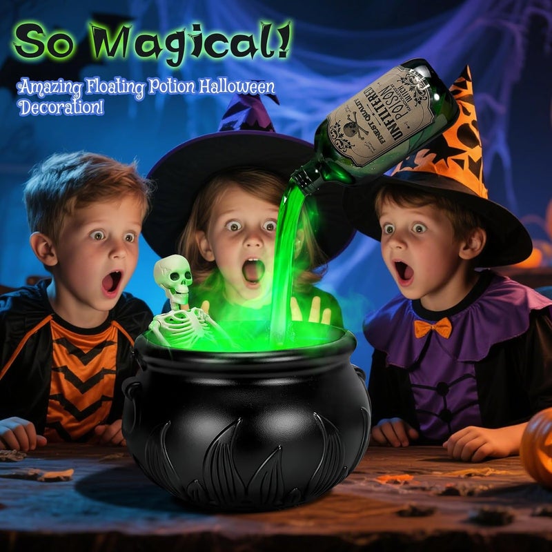 ANGAR Halloween Decorations Indoor, Cauldron Halloween Decor Set with Magic Floating Potion Bottles Skeleton Mist Maker, Black Witches Cauldron Diffuser for Home Kitchen Mantel Party Decor - Image 3